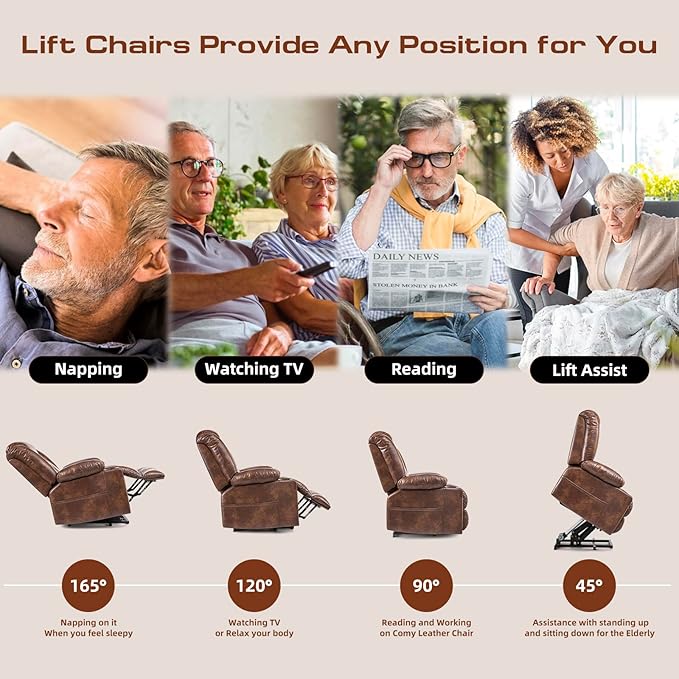 Small Power Lift Chairs Recliners for Petite Elderly, 3 Position Lift Recliner Chair for Small Space, Heating and Massage, USB-A USB-C, Cup Holder, Side Pocket Brown