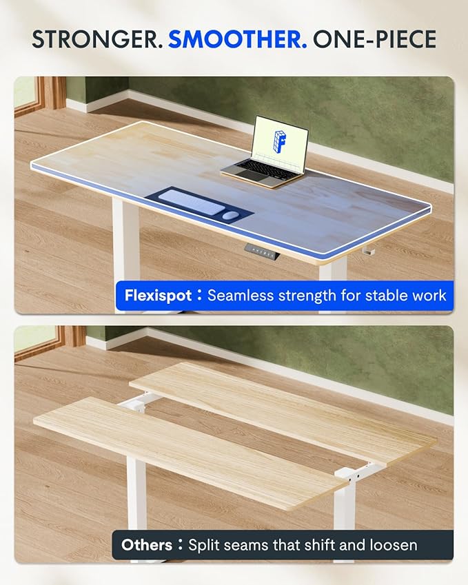 FLEXISPOT EN1 One-Piece Solid Wooden Standing Desk 63 x 24 Inches Height Adjustable Electric Sit Stand Home Office Desks (Silver Frame + Rubber Wood Top, 2 Packages)