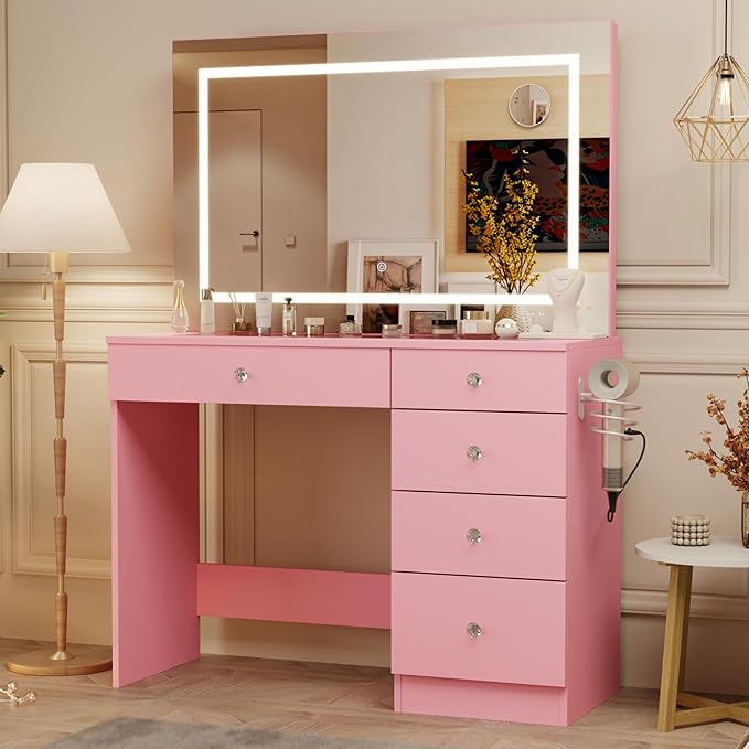 39" Vanity Desk with Mirror and Lights, 5 Drawers Makeup Vanity Desk with Tempered Glass top, 3 Lighting Modes Adjustable Brightness, Pink Vanity with Magnetic 5X Magnifier for Bedroom