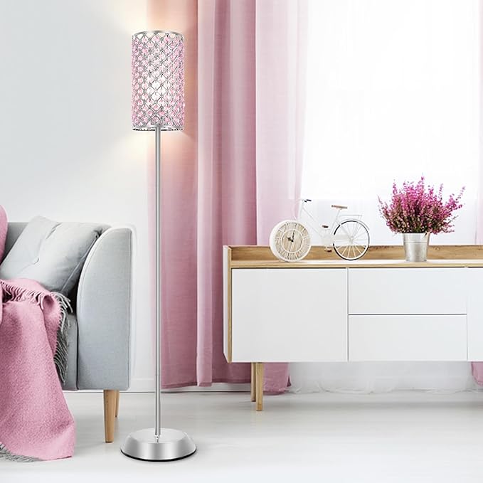 Crystal Floor Lamp for Bedroom, Living Room Pink Floor Lamps Modern Tall Lamp with On/Off Foot Switch Glam Standing Light for Girls Bedroom Minimalism Pole Corner Lamp for Office Dorm Hotel