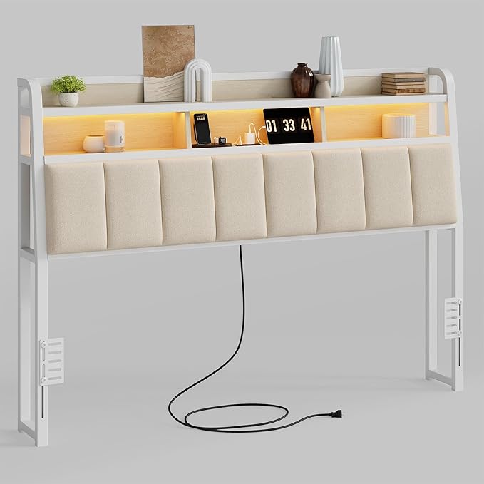 Ergonomic Headboard for Queen Size Bed with 2-Tier Storage, Upholstered Headboards with Outlets, USB Ports, LED Light, Queen Head Board Only, Height Adjustable, Sturdy and Stable, White