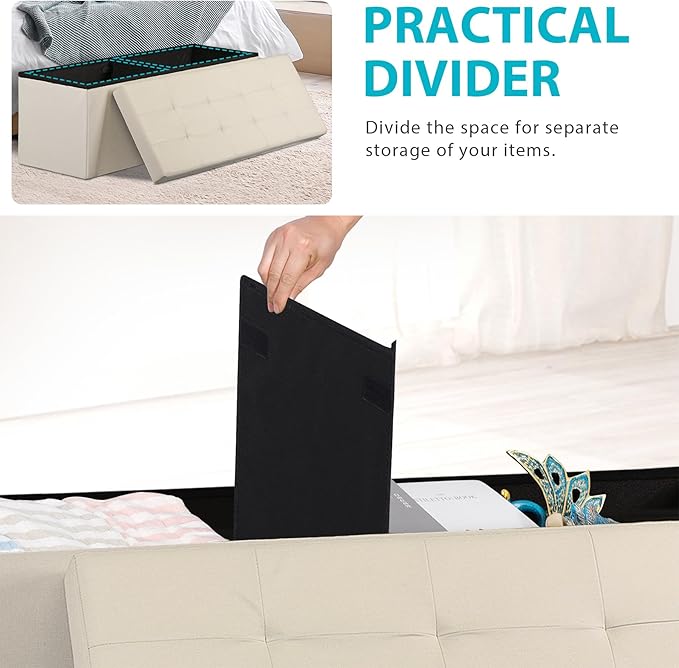 SUPER DEAL Storage Ottoman Bench, 43 Inches Folding Ottoman Foot Rest, Storage Chest with Padded Seat, End of Bed Bench for Living Room Bedroom Entryway, Load 660 lbs, 15" x 43" x 15" Beige