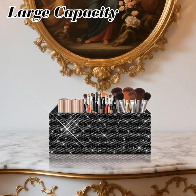 Bling Makeup Brush Holder Organizer, 3 Slot Sparkle Cosmetics Brushes Storage Holders with Shiny Rhinestones, Glitter Cute Pen and Pencil Holder for Desk, Eyeliners Display Case for Vanity (black)