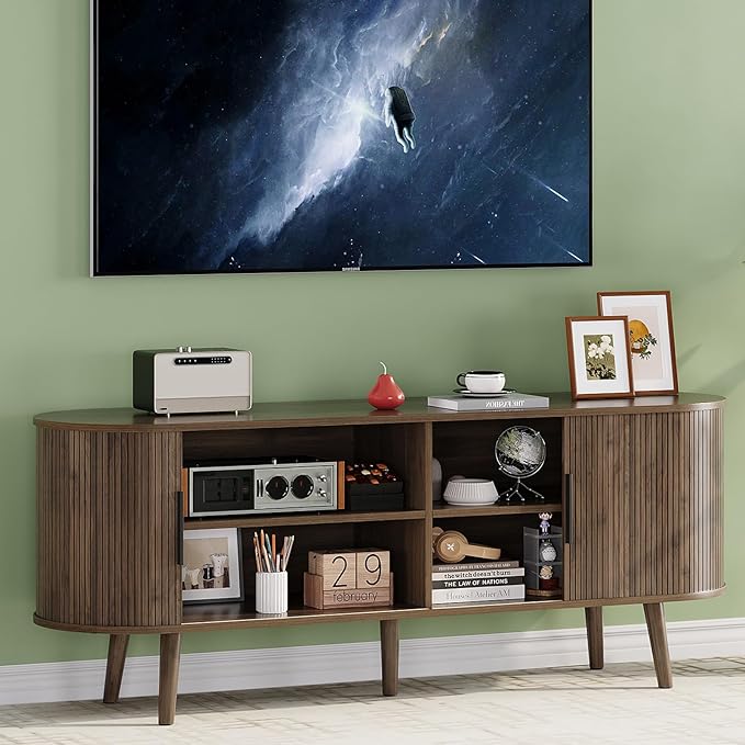 Fluted TV Stand Mid Century 59" TV and Media Console Table with Storage Shelf Sliding Door Modern Entertainment Center for Living Room, Bedroom fit 32"- 65" TVs (Rustic Brown, 59")