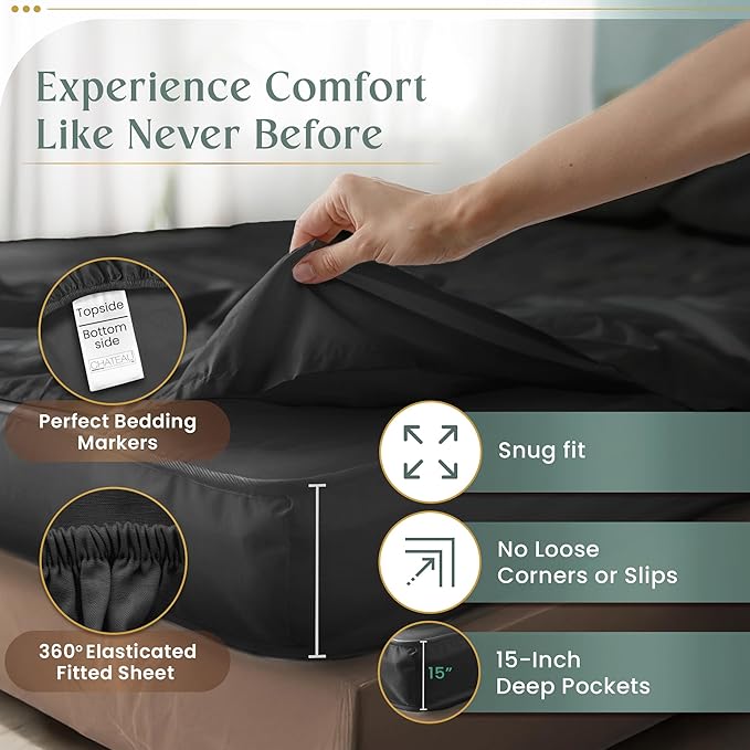 100% Cotton Sheets Split King Size Sheets Set with Fitted Sheet & Pillowcase Sets, 800 TC Sateen Weave 4 PC Deep Pocket Split King Sheet Set, Soft & Comfy Naturally Cool Luxury Bedding – Charcoal