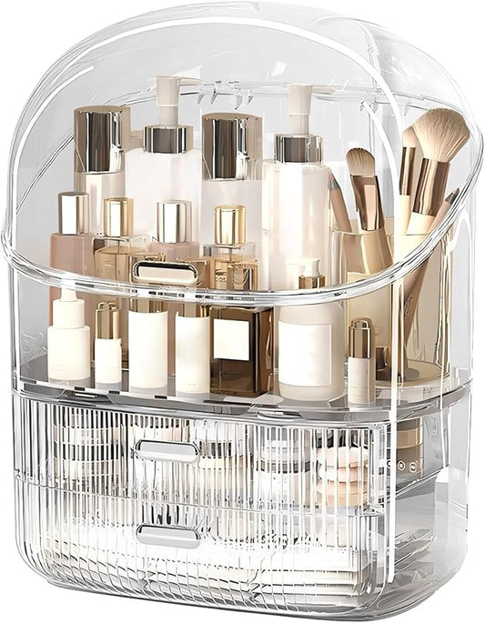 DASITON Makeup Organizer for Vanity,Large Capacity Cosmetic Organizer for Countertop,3 Layers Makeup Storage Organizer,Waterproof & Dustproof Cosmetic Display Case for Bathroom,Dresser,Bedroom(Clear)