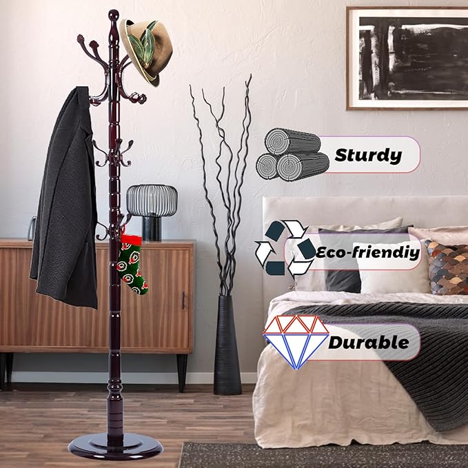 72 in Wood Coat Rack, Coat Rack Freestanding with Stable Round Base, Adjustable Height Tree Coat Racks Stand for Home Bedroom Office Hallway Entryway (Rosewood Ruyi Hook)
