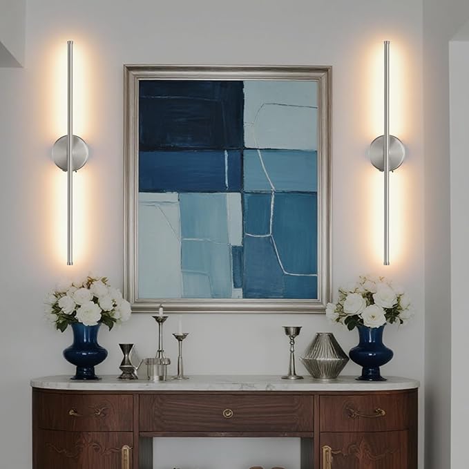 Battery Operated Wall Sconce Set of 2, Brushed Nickel 27.5" LED USB Rechargeable dimmable Wall Sconce with Remote Control, Rotate 350° for Living Room, Bedroom, Hallway and scones Lighting