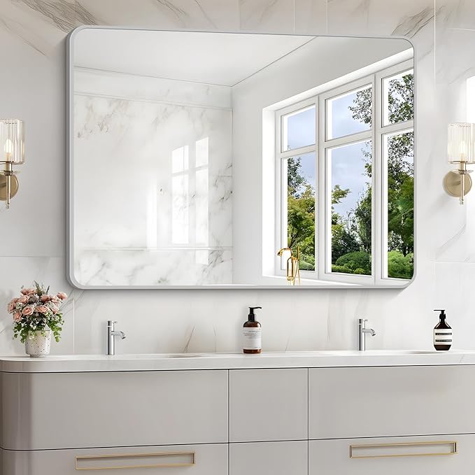 48x36 Inch Silver Bathroom Mirror, Large Rectangular Vanity Mirror, Metal Framed Rectangle Mirrors, Rounded Corner Wall Mounted Mirrors for Living Room Bedroom Entryway Horizontal or Vertical