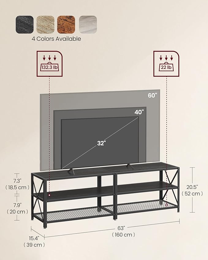 VASAGLE TV Stand, TV Console for TVs Up to 70 Inches, TV Table, 63 Inches Width, TV Cabinet with Storage Shelves, Steel Frame, for Living Room, Bedroom, Black with Wood Grain ULTV095B22