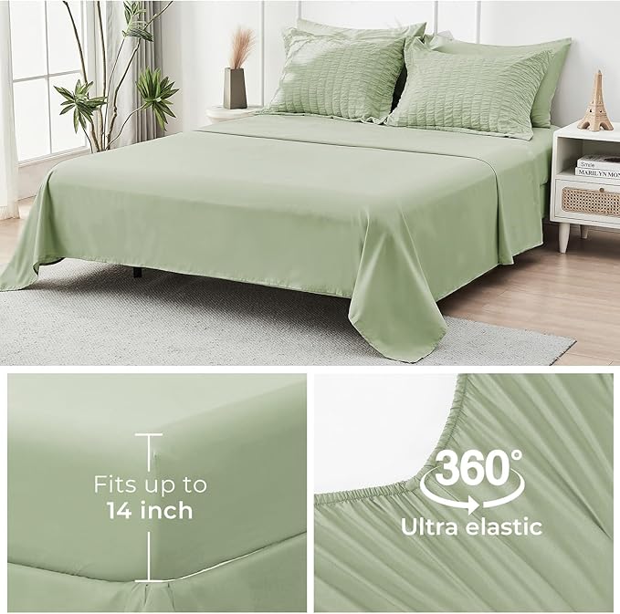 HYMOKEGE Light Green Queen Comforter Set Seersucker 7 Pieces, All Season Luxury Bed in a Bag for Bedroom, Bedding Set with Comforters, Sheets, Pillowcases & Shams