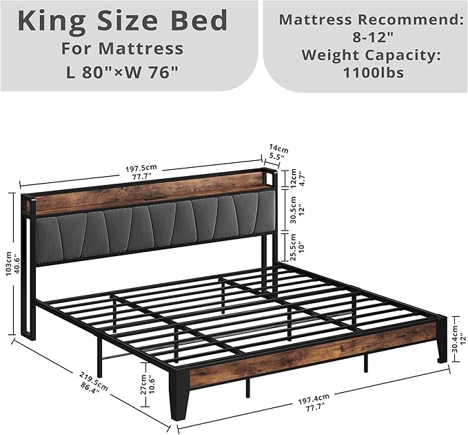 LIKIMIO King Size Bed Frame, Storage Headboard with Charging Station, Solid and Stable, Noise Free, No Box Spring Needed, Easy Assembly