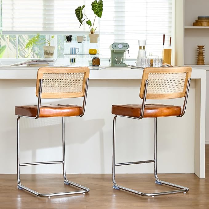 Natural Rattan Bar Stools Set of 2 with Solid Wood Back, 24 Inch Mid Century Modern Counter Height Stools, Brown Faux Leather Upholstery Boho Stool for Kitchen Counter with Chrome Metal Legs