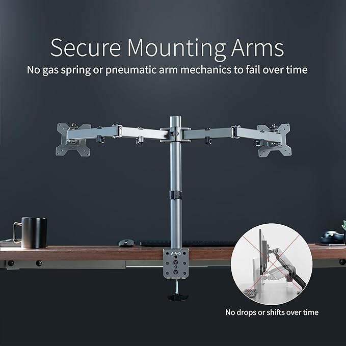 VIVO Dual Monitor Desk Mount, Heavy Duty Fully Adjustable Steel Stand, Holds 2 Computer Screens up to 30 inches and Max 22lbs Each, Gray Color, STAND-V002-GY