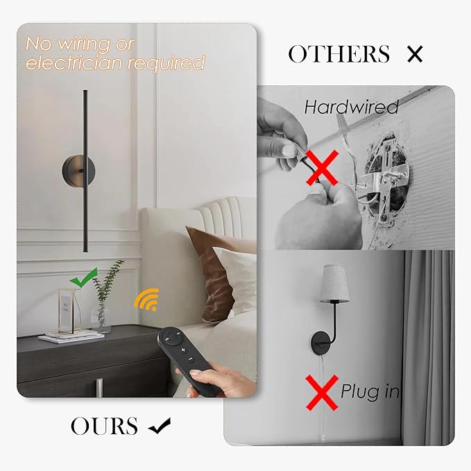 Battery Operated Wall Sconces, Dimmable Wall Sconces Set of Two, 350°Rotate, 3000K LED Black Wireless Wall Light for Living Room, Bedroom,Hallway, 20.4 Inch (2 Pack)