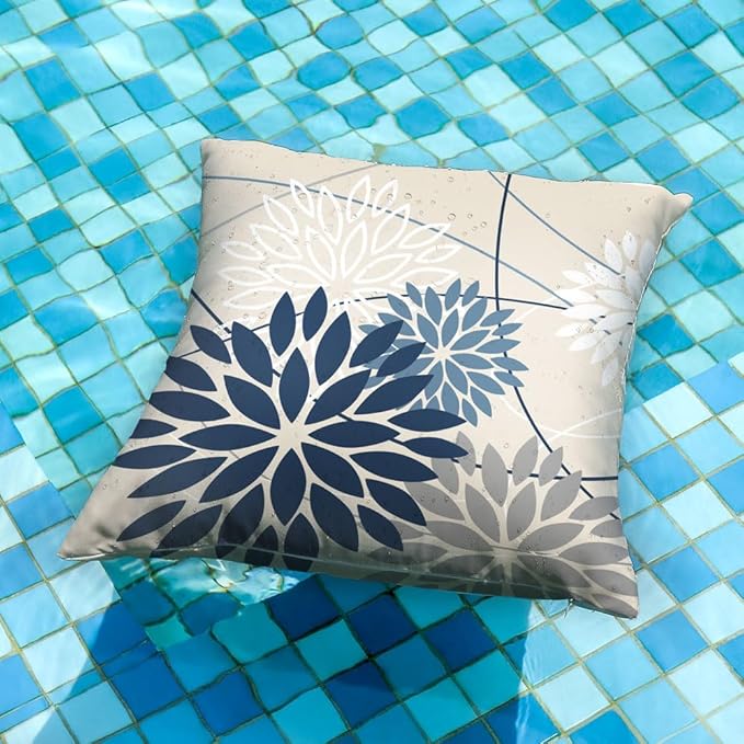 Blue and Gray Floral Pillow Covers 24x24 Set of 2 Outdoor Waterproof White Colored Decorative Throw Pillows Summer Pillowcase Polyester Cushion Case Decor for Couch Patio Funiture Garden Porch 01B24