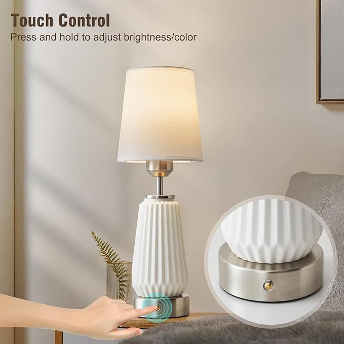Cordless Table Lamp-Battery Powered Lamp 4000mAh Rechargeable, Stepless Dimmable, Farmhouse Ceramic Touch Bedside Lamp,Portable LED Night Light for Bedroom, Living Room, Office, Bulbs Included(Silver)