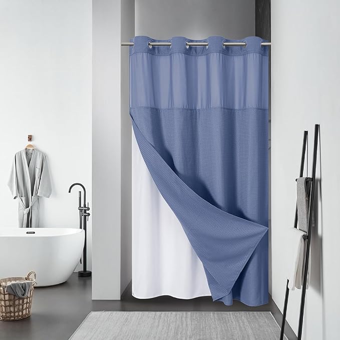 MoonLightBlue No Hook Waffle Weave Shower Curtain with snap-in Liner Replacement, 230GSM Waterproof Fabric Hotel Shower Curtain Set for Bathroom, Through Mesh Top Window,54Wx80H