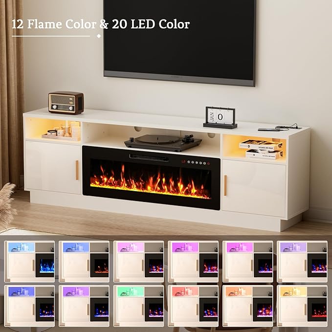 80'' TV Stand with 42'' Fireplace-LED Light Entertainment Center for 90 inch TV-White TV Cabinet with Storage, Modern TV Console for Living Room