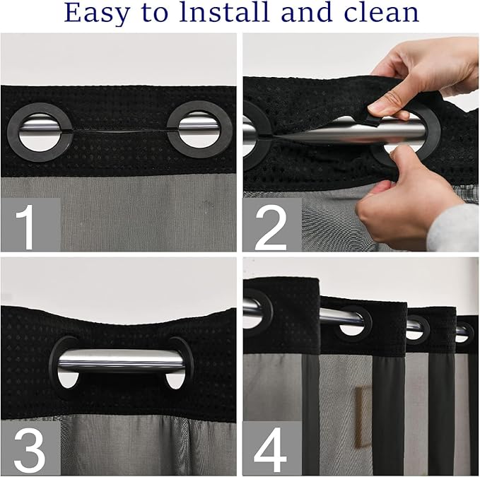 No Hooks Required Waffle Weave Shower Curtain with Snap in Liner-Hotel Grade Waterproof & Mesh Top Window Spa Like Small Stall Bath Curtain Machine Washable 54Wx80L Black