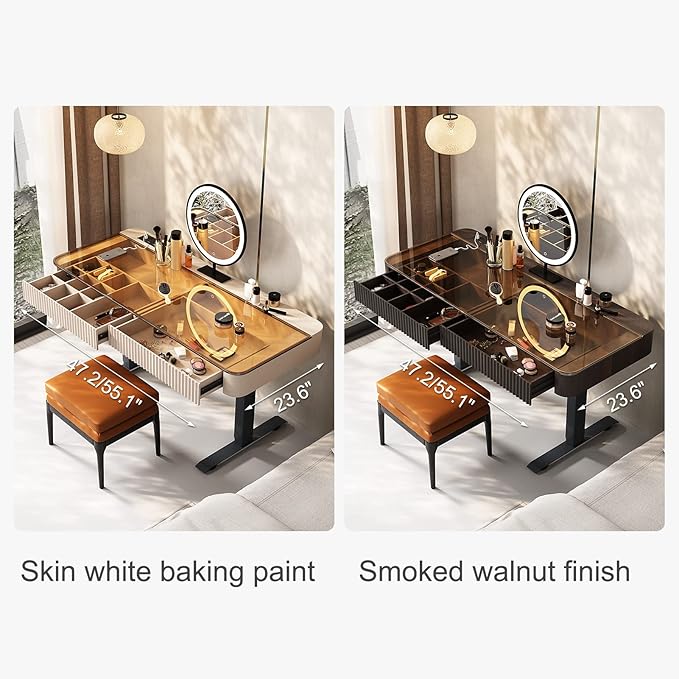 Lartis Vanity Table with Stool,Electric Lift Vanity Desk,Vanity Set，Up and Down Desk, Standing Vanity with Drawer