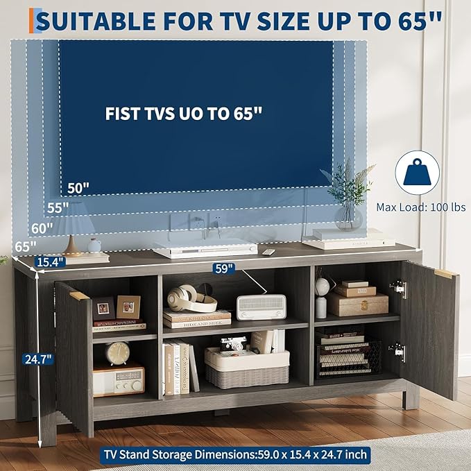 TV Stand for TVs up to 65 Inch – Television Stands 100lbs Capacity, Media Console Table, Entertainment Center with Open Storage Shelves – Fits 50/55/60/65 Inch TVs (Grain Oak)