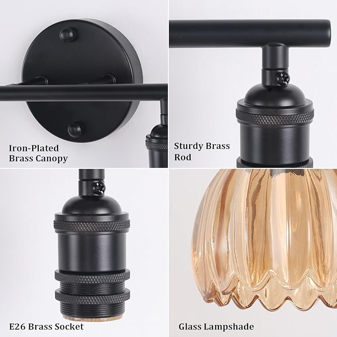 Bathroom Light Fixtures, 2-Light Black Vanity Wall Light Over Mirror with Amber Tulip Glass Shade for Bedroom Living Room