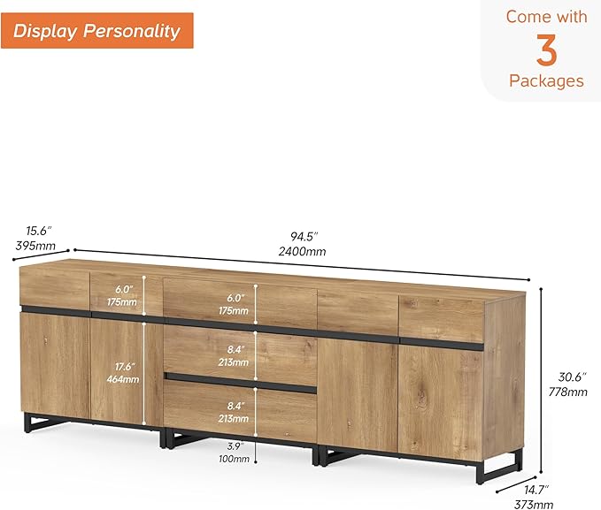 WAMPAT Modern TV Stand for TVs up to 100 inch, 3 in 1 TV Console with Adjustable Shelves and 3 Drawers, Media Console for Living Room, Bedroom, Oak