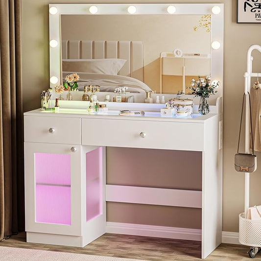 Vanity Desk with Large Mirror and Lights, 39.4'' Glass Top Makeup Vanity with RGB Cabinet Drawers Power Outlet 3 Color Light Modes Brightness Adjustable Vanity Dressing Table for Bedroom White