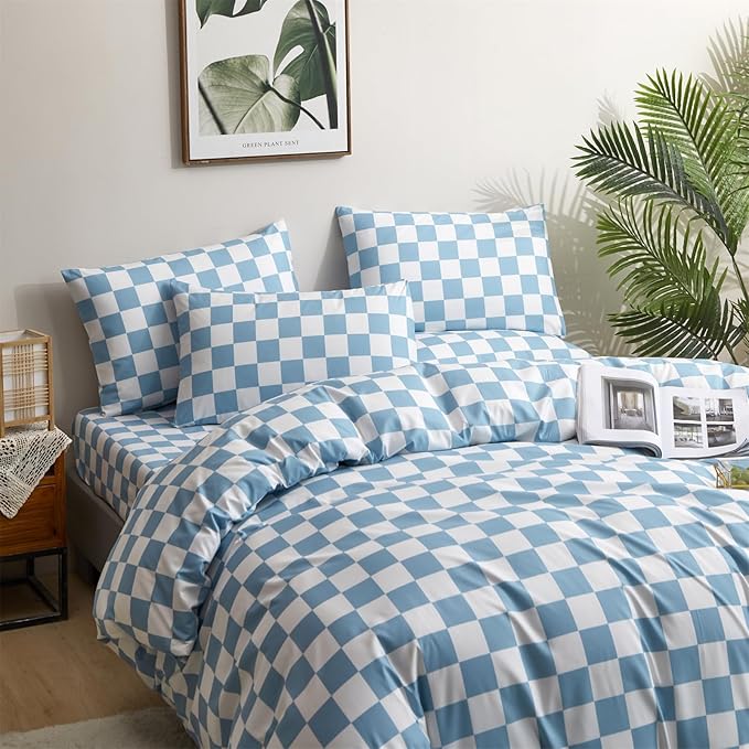 CLOTHKNOW Light Blue White Plaid Queen Comforter Set 3Pcs Grid Bedding Comforter Sets All Season Light Blue Comforter Checker Queen Size Comforter Sets