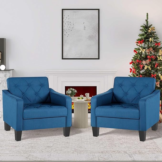 STHOUYN Living Room Chairs Accent Chairs Set of 2, Waiting Room Arm Chairs, Reading Chairs for Bedroom Comfy Club Chair Tufted, Office Small Space (2, Blue)