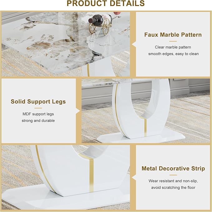 Dining Table Set for 8, Kitchen Table Chairs Set of 8, Modern Dining Room Set with 71" Marble Dinner Table PU Leather Upholstered Chairs for Kitchen