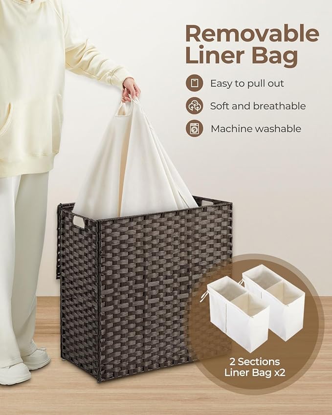 Greenstell Laundry Hamper with lid, No Install Needed, 130L Wicker Laundry Baskets Foldable 2 Removable Liner Bags, 2 Section Clothes Hamper Handwoven Rattan Laundry Basket with Handles, Brown