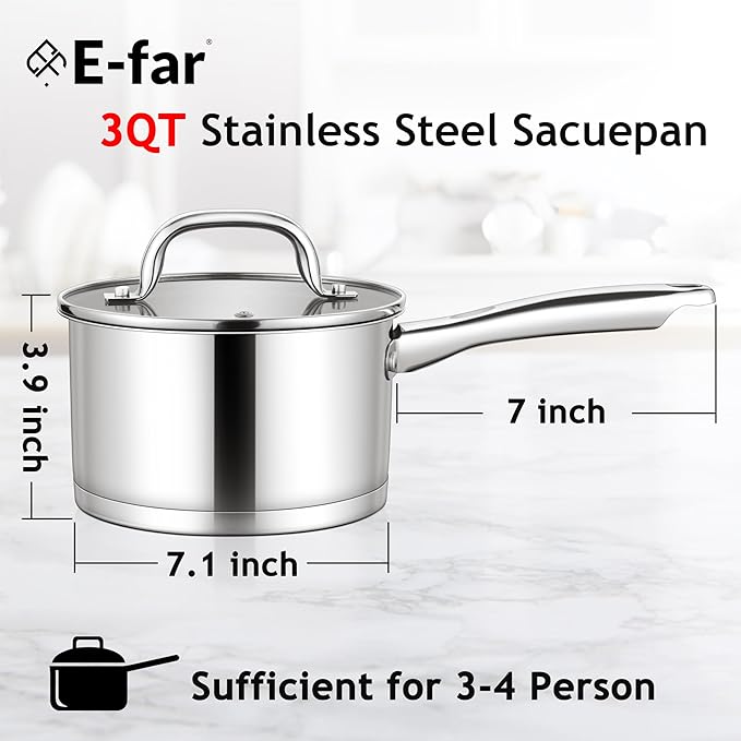 E-far Stainless Steel Saucepan with Lid, 3 Quart Sauce Pan Induction Pot for Cooking, Boiling, Compatible with All Stoves, Healthy & Non Toxic, Oven & Dishwasher Safe
