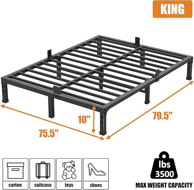 FUIOBYVV King Size Bed Frame,10 Inch Low-Profile Metal Platform with Steel Slats,Heavy Duty 3500lbs Support,No Box Spring Needed,Non-Slip Mattress Stopper,Underbed Space,Quiet and Sturdy,Easy Assembly