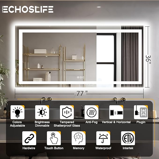 77"x36" Large LED Bathroom Mirror with Front Lit and Backlit, Anti-Fog Lighted Mirror for Wall, Stepless Dimmable Vanity Mirror, 3 Colors Smart Mirror (Horizontal/Vertical)