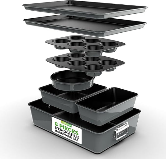 NutriChef 8-Piece Nonstick Stackable Bakeware Set – Non Toxic Carbon Steel Baking Trays W/Cookies Sheet Muffin, Loaf, Cake, Round & Square Pan – Easy To clean & Easy to Release, Oven Safe – Gray