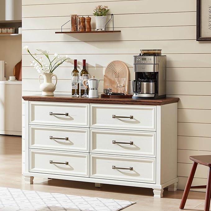 Farmhouse Wood 6 Drawer Dresser Set of 2, 54 inch Wide Large Vintage Chest of Drawers for Bedroom, Rustic Dressers TV Stand with Square Solid Wooden Legs for Living Room, Hallway, White