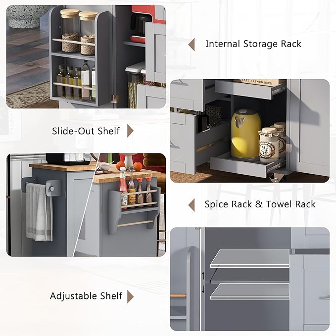 Rolling Mobile Kitchen Island Cart with Door Internal Storage Rack & Tower Rack, 3 Drawers and 2 Slide-Out Shelves for Dining Room
