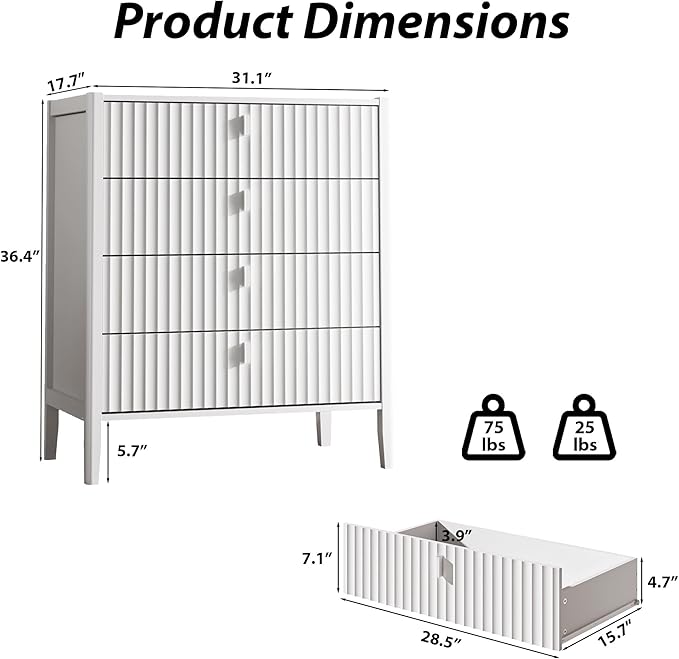 White 4 Drawer Dresser, Modern Chest of Drawers for Bedroom, Wood Storage Dresser Organizer with Deep Drawers for Clothes, Nightstand for Bedroom, Hallway, Living Room, Entryway