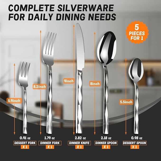 SSGP 5 Piece Flatware Set for 1, 18/10 Stainless Steel Silverware Set, Mirror Finish, Heavy-Duty, Dishwasher Safe, Elegant & Durable, Modern Design Cutlery Set for Home Home/Hotel/Wedding