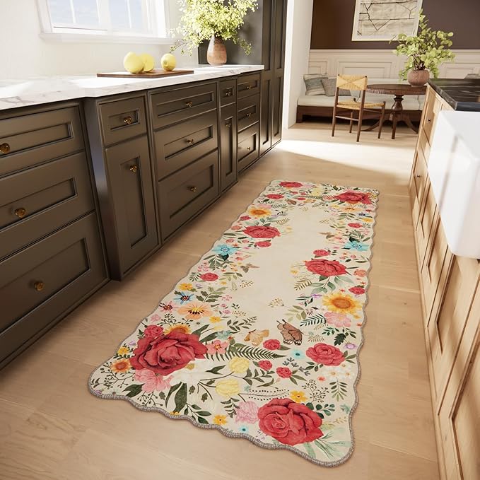Floral Hallway Runner Rug 2'6"x8' Non Slip Washable Kitchen Rug Runners Boho Vintage Low Pile Carpet for Entryway, Laundry Room High Traffic Areas, Indoor Rug for Bathroom (Beige