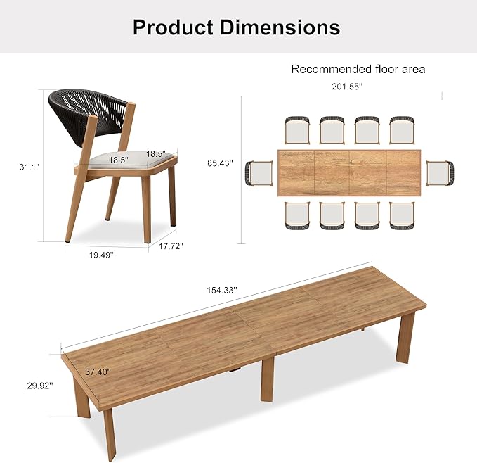 PURPLE LEAF 13-Piece Patio Dining Set Outdoor Furniture Rectangular Table and Chairs Set with Aluminum Frame and Teak-Finish for Garden Deck Backyard Kitchen Sunlit Teak Outdoor Set