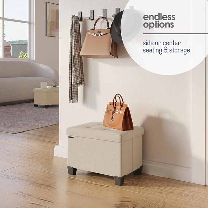 STORAGEBUD Storage Ottoman Cube with Small Bin, 16-in Square Ottoman with Storage for Living Room and Bedroom, Small Ottomans Foot Rest, Velvet Foot Stools Ottomans Max 330lbs, Beige