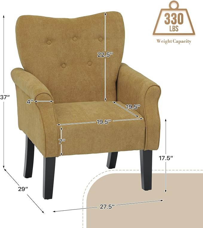 Athena Collection Mid Century Accent Chair, Upholstered Modern Comfy Armchair Single Sofa, Elegant Vanity Chair Reading Chair with High Back and Solid Wood Legs for Bedroom Living Room, Dark Yellow