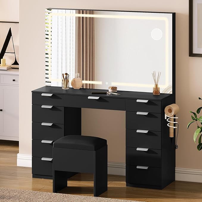 DWVO Makeup Vanity with Large Mirror and Lights, 46" Vanity Desk Dressing Table Set with 11 Drawers & Storage Stool, Dressing Table with Power Outlet and Magnifying Glass, Dressing Room, Black