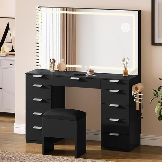DWVO Makeup Vanity with Large Mirror and Lights, 46" Vanity Desk Dressing Table Set with 11 Drawers & Storage Stool, Dressing Table with Power Outlet and Magnifying Glass, Dressing Room, Black
