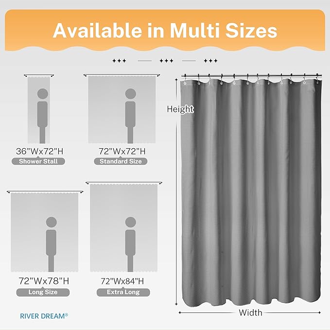 River Dream 3 in 1 Shower Curtain Set, Extra Long Waffle Fabric Shower Curtain and Waterproof Clear Liner Set with Double Sided Metal Hooks, Grey, 72" W*84" H