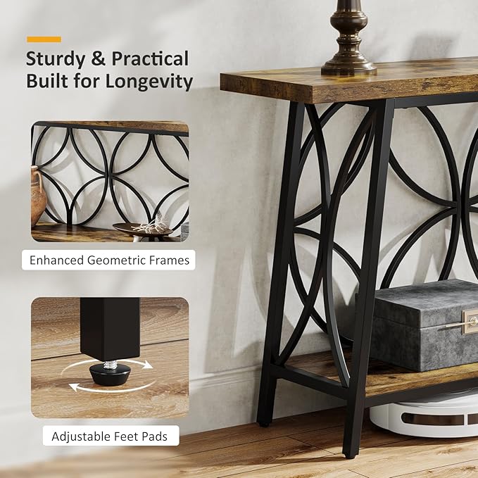 70.9-Inch Sofa Table, 2-Tier Narrow Console Table with Storage for Living Room, Entryway, Hallway, Foryer, Geometric Pattern Design (Rustic Brown)