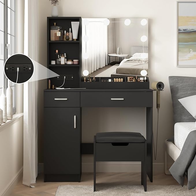 Fameill Makeup Vanity Desk with Lighted Mirror & Power Strip,Black Vanity Table Set with Lights and Lots Storage,2 Drawer Makeup Table,3 Lighting Colors,35.4in(L)